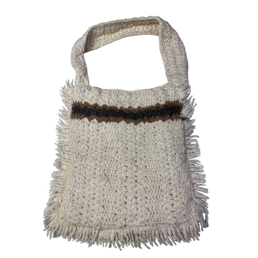 Nothumeka Hand-Spunβ Wool Crochet Fringe Tote Bag Cream Brown Chevron Boho 15x14